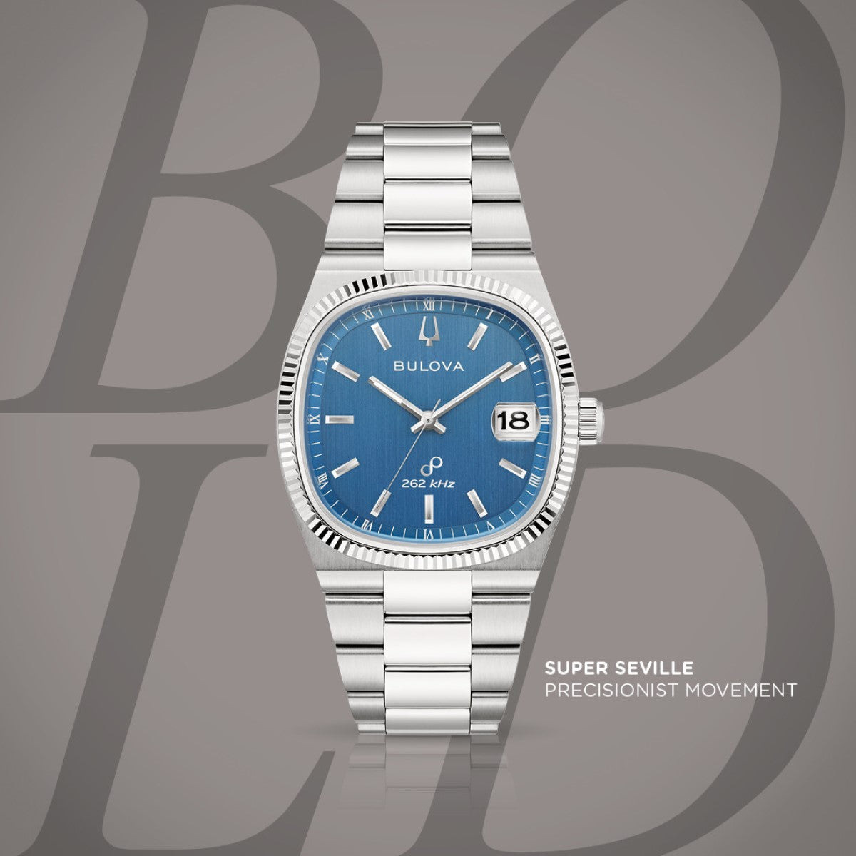 Bulova Super Seville with 38MM Blue Cushion Shaped Dial and Stainless Daniels Jewelers