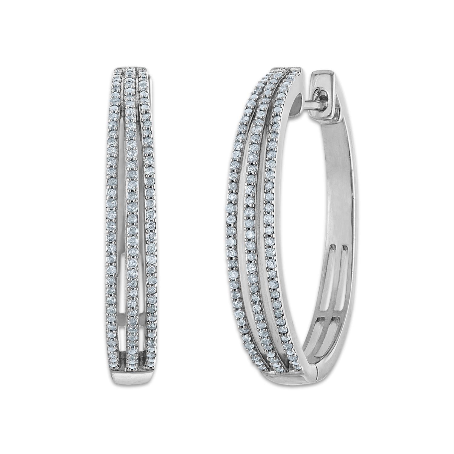 1/2 CTW Diamond Hoop Earrings in Rhodium Plated Sterling Silver