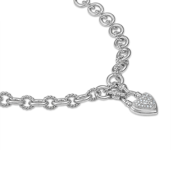 1/7 CTW Diamond Heart Cuban Link 18-inch Necklace in Rhodium Plated Sterling Silver