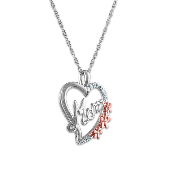 1/10 CTW Diamond Mom Flower Heart 18-inch Pendant in Sterling Silver