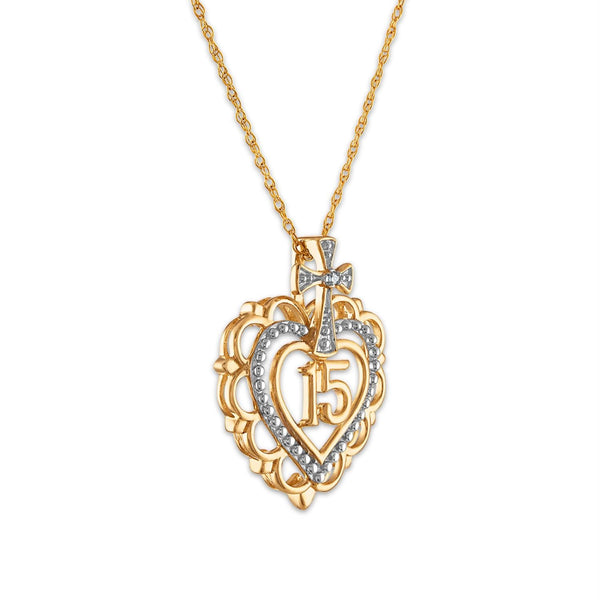 Diamond Accent 18-inch Quinceanera Heart Cross Pendant in 10KT Yellow Gold