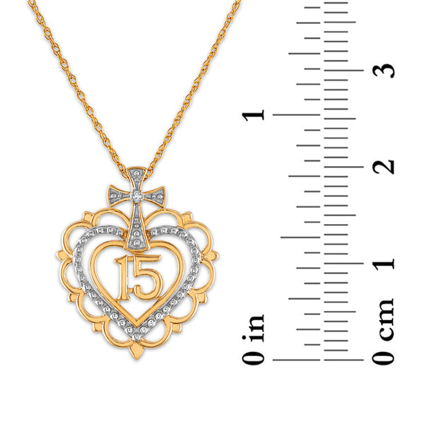 Diamond Accent 18-inch Quinceanera Heart Cross Pendant in 10KT Yellow Gold