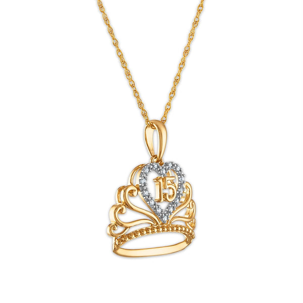 Diamond Accent 18-inch Quinceanera Heart Crown Pendant in 10KT Yellow Gold