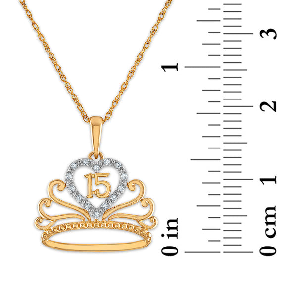 Diamond Accent 18-inch Quinceanera Heart Crown Pendant in 10KT Yellow Gold