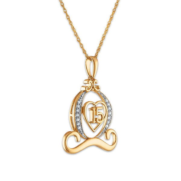 1/25 CTW Diamond Quinceanera Carriage Heart 18-inch Pendant in 10KT Yellow Gold