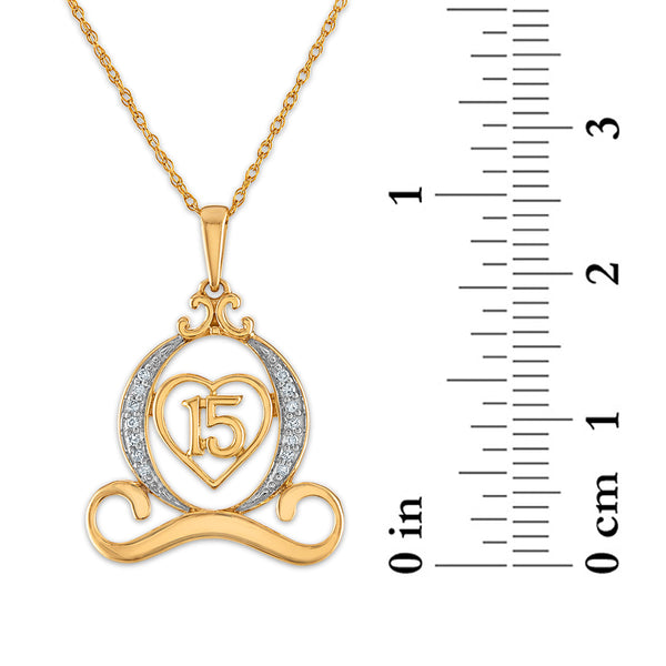 1/25 CTW Diamond Quinceanera Carriage Heart 18-inch Pendant in 10KT Yellow Gold