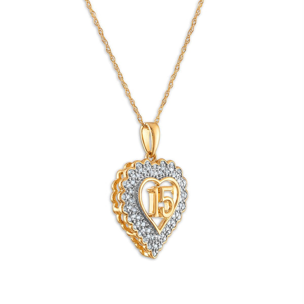 1/5 CTW Diamond Quinceanera Heart 18-inch Pendant in 10KT Yellow Gold