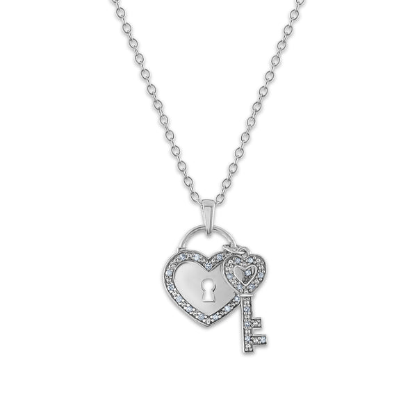 1/10 CTW Diamond 18-inch Heart Lock and Key Pendant in Sterling Silver