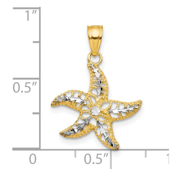 10KT Yellow Gold With Rhodium Plating 20X16MM Diamond-cut Starfish Pendant. Chain Not Included