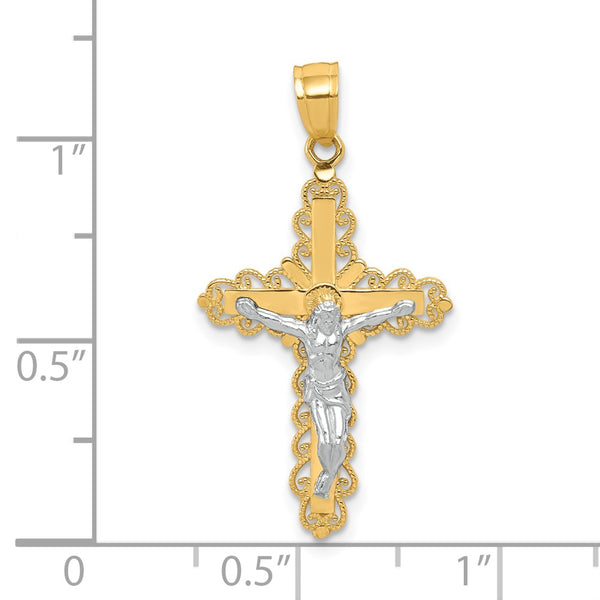 10KT Yellow Gold With Rhodium Plating 30X16MM Filigree Crucifix Cross Pendant. Chain Not Included