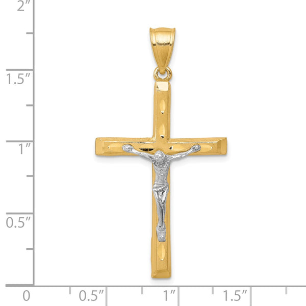 10KT Yellow Gold With Rhodium Plating 45X21MM Diamond-cut Crucifix Cross Pendant. Chain Not Included