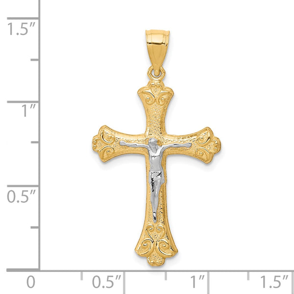 10KT Yellow Gold With Rhodium Plating 35X21MM Fleur De Lis Crucifix Cross Pendant. Chain Not Included