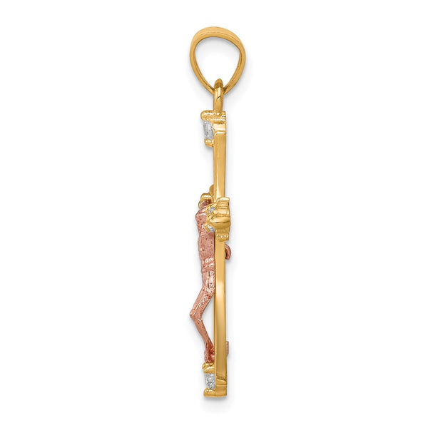 10KT Yellow and Rose Gold Cubic Zirconia 30X16MM Crucifix Cross Pendant. Chain Not Included