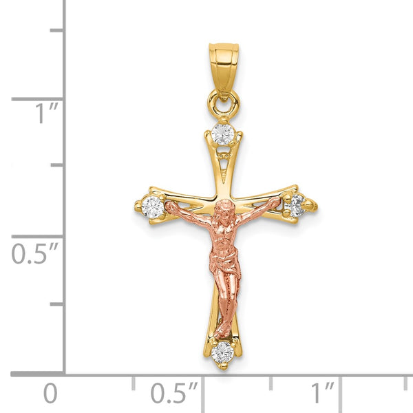 10KT Yellow and Rose Gold Cubic Zirconia 30X16MM Crucifix Cross Pendant. Chain Not Included