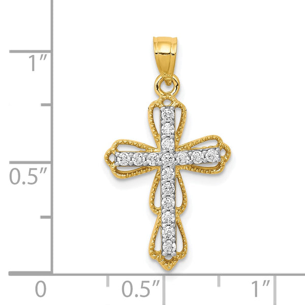 10KT Yellow Gold Cubic Zirconia 25X16MM Filigree Cross Pendant. Chain Not Included