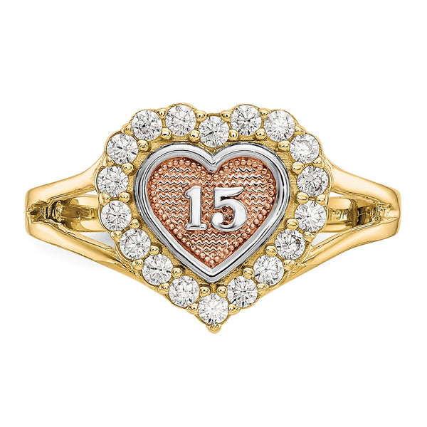 10KT Gold Tri-Color Cubic Zirconia Heart Quinceanera Ring; Size 6