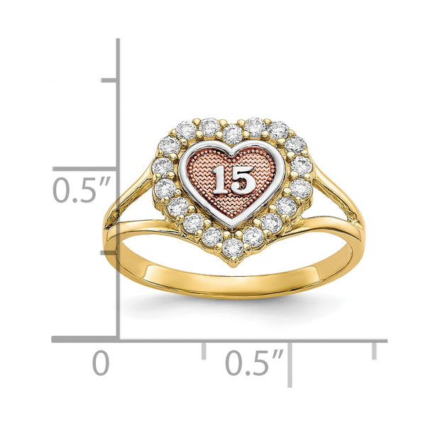 10KT Gold Tri-Color Cubic Zirconia Heart Quinceanera Ring; Size 6