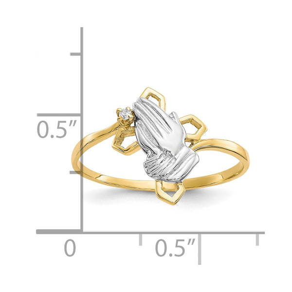 10KT Yellow Gold With Rhodium Plating Cubic Zirconia Cross Praying Hand Ring; Size 6