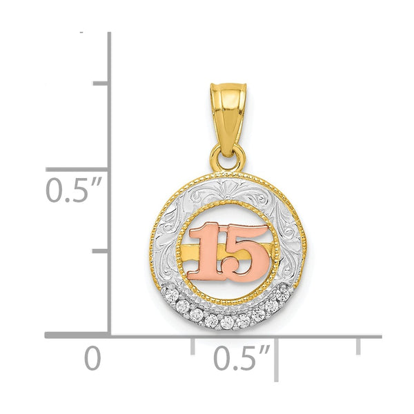 10KT Gold Tri-Color Cubic Zirconia Quinceanera Pendant. Chain Not Included