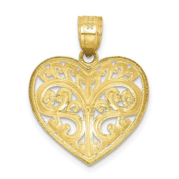 10KT Yellow Gold Diamond-cut Filigree Heart Pendant. Chain Not Included