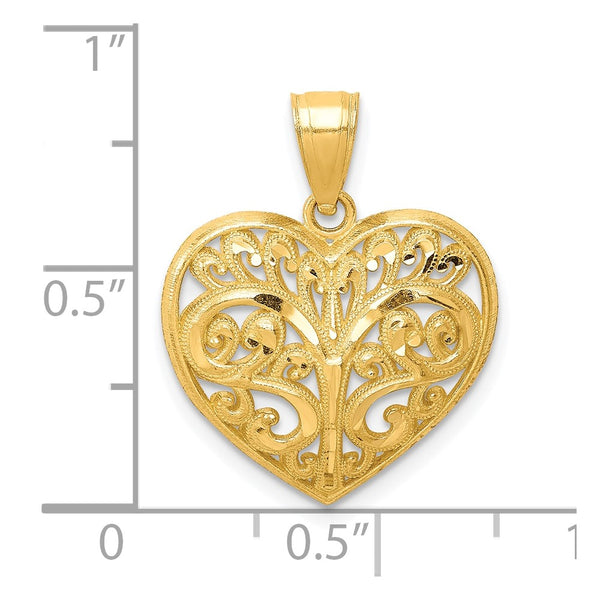 10KT Yellow Gold Diamond-cut Filigree Heart Pendant. Chain Not Included