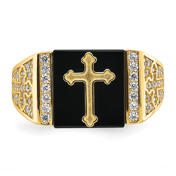 Onyx and Cubic Zirconia Cross Ring in 10KT Yellow Gold; Size 10