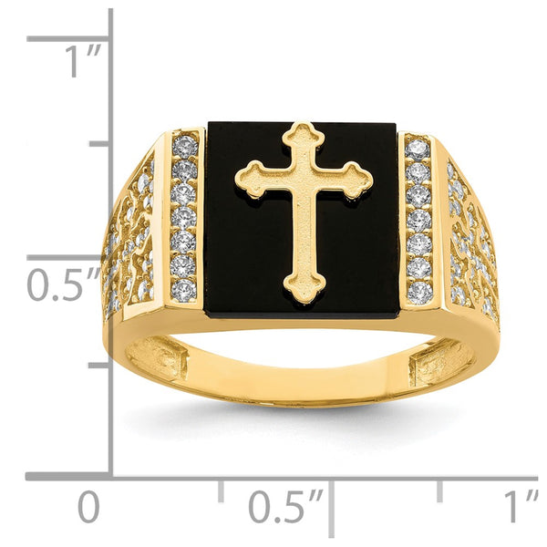 Onyx and Cubic Zirconia Cross Ring in 10KT Yellow Gold; Size 10