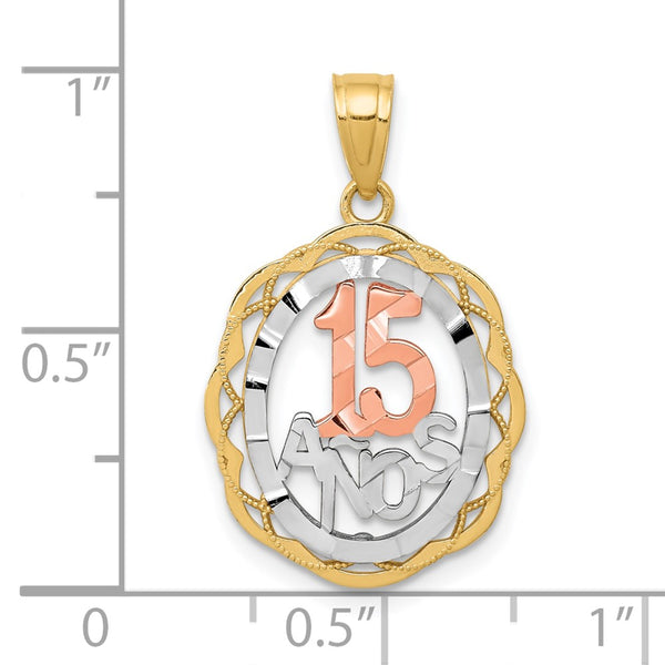 10KT Gold Tri-Color 20X16MM Quinceanera 15 Anos Pendant. Chain Not Included