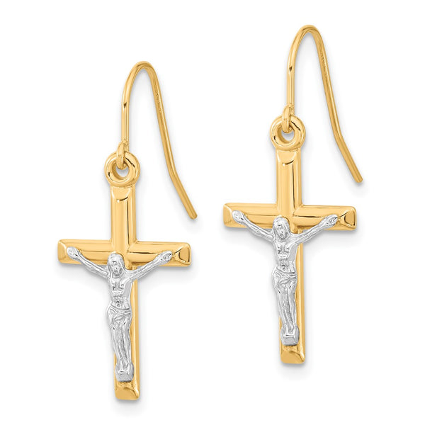 10KT White and Yellow Gold 28X11MM Drop & Dangle Crucifix Cross Earrings