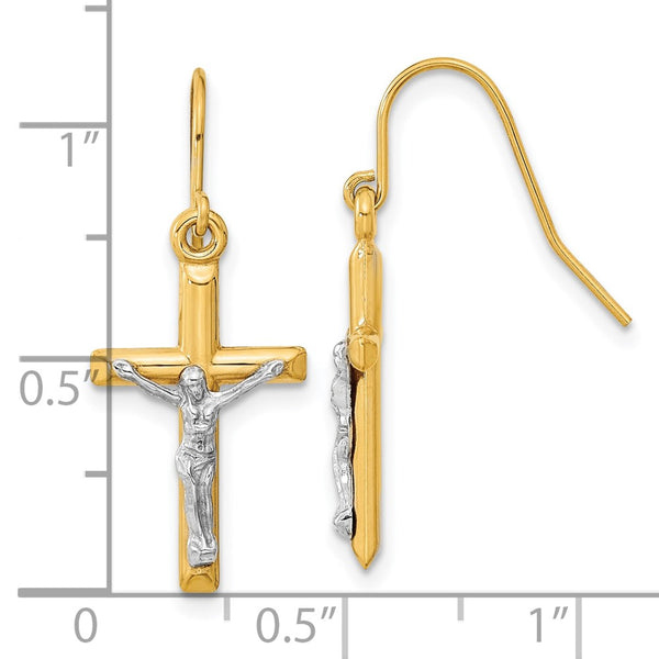 10KT White and Yellow Gold 28X11MM Drop & Dangle Crucifix Cross Earrings