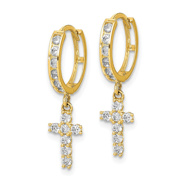 10KT Yellow Gold Cubic Zirconia Hinged Hoop Cross Earrings