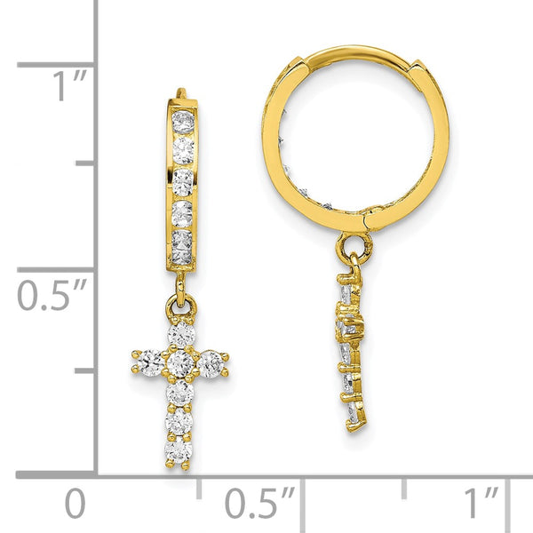 10KT Yellow Gold Cubic Zirconia Hinged Hoop Cross Earrings