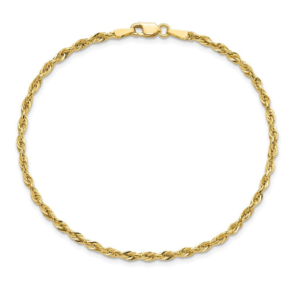 10KT Yellow Gold 8-inch 2.5MM Lobster Clasp Diamond-cut Rope Bracelet