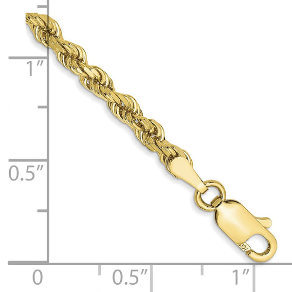 10KT Yellow Gold 8-inch 3.2MM Lobster Clasp Diamond-cut Rope Bracelet