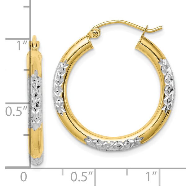 10KT Yellow Gold With Rhodium Plating 25X3MM Diamond-cut Hoop Earrings