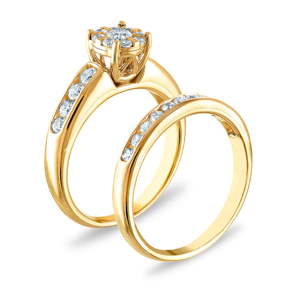 1-1/4 CTW Diamond Halo Wedding Trio Set in 10KT White and Yellow Gold