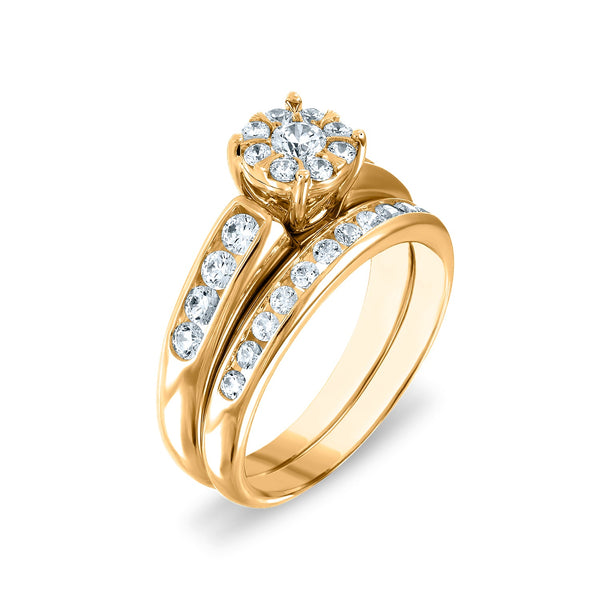 1-1/4 CTW Diamond Halo Wedding Trio Set in 10KT White and Yellow Gold