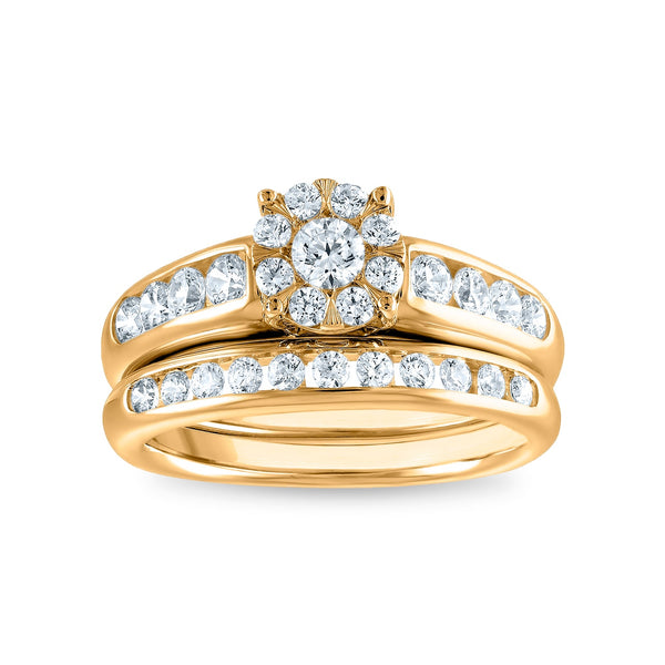 1-1/4 CTW Diamond Halo Wedding Trio Set in 10KT White and Yellow Gold