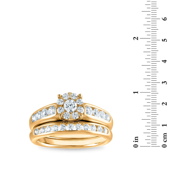 1-1/4 CTW Diamond Halo Wedding Trio Set in 10KT White and Yellow Gold