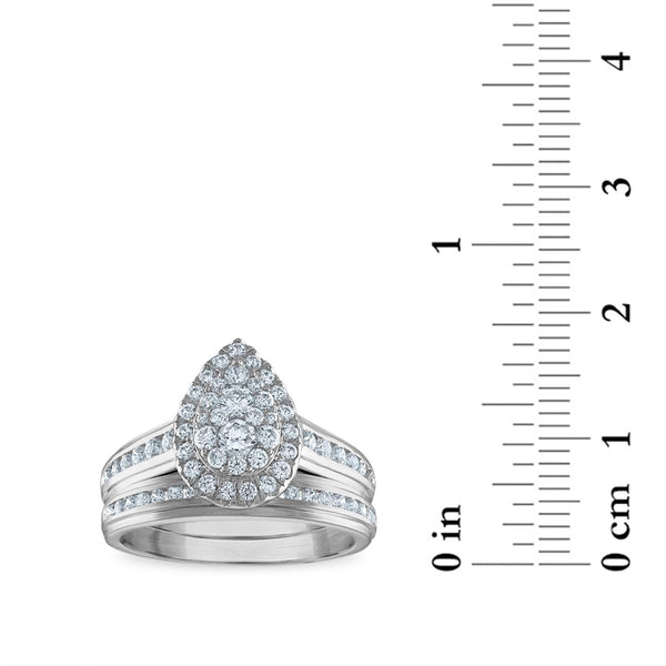 1-1/2 CTW Lab Grown Diamond Halo Pear Shaped Wedding Trio Set in 10KT White Gold