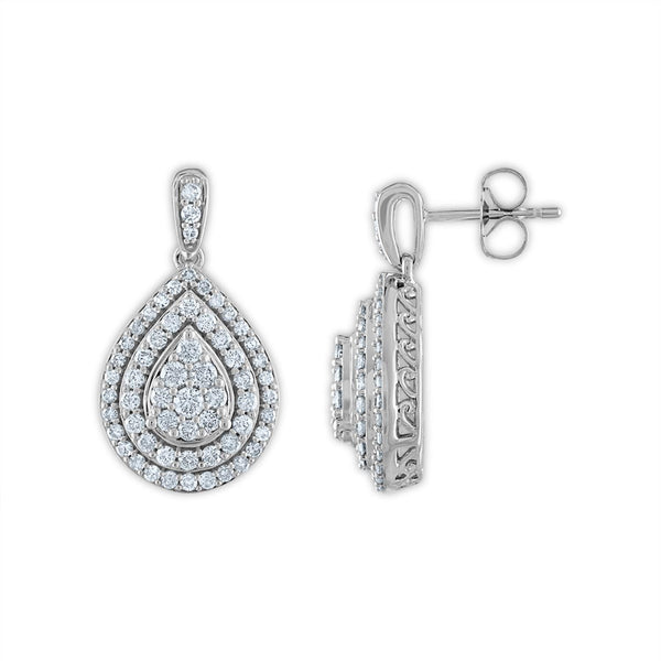 Red Hot Deal 3/4 CTW Diamond Drop & Dangle Cluster Double Halo Pear Shape Earrings in 10KT White Gold