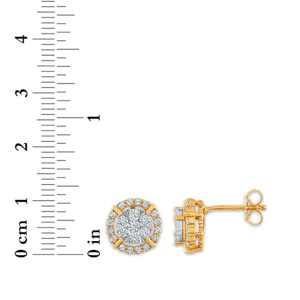 3/4 CTW Diamond Cluster Halo Stud Earrings in 10KT White and Yellow Gold