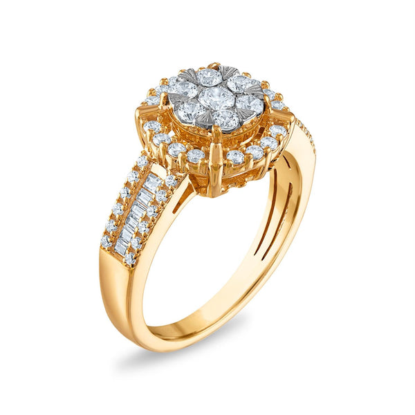 3/4 CTW Diamond Halo Cluster Ring in 10KT White and Yellow Gold