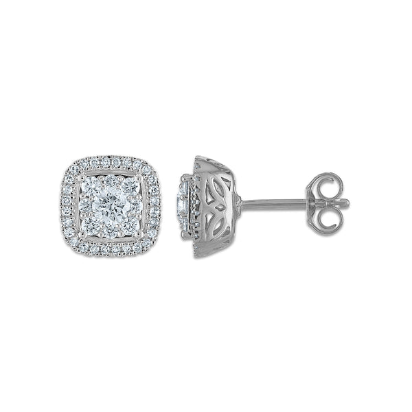 Signature 3/4 CTW Diamond Halo Stud Cushion Earrings in 14KT White Gold