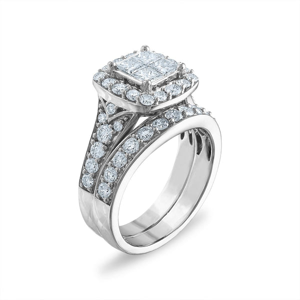 Signature 2 CTW Diamond Halo Bridal Set Ring in 14KT White Gold