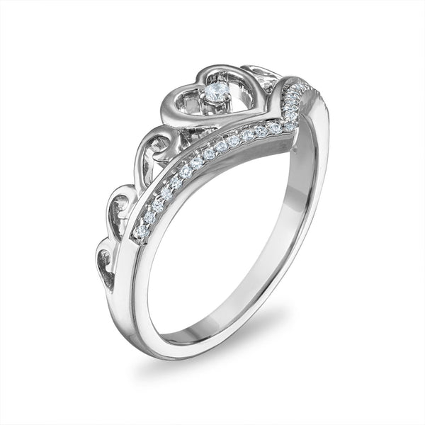 1/10 CTW Diamond Heart Tiara Crown Ring in Rhodium Plated Sterling Silver