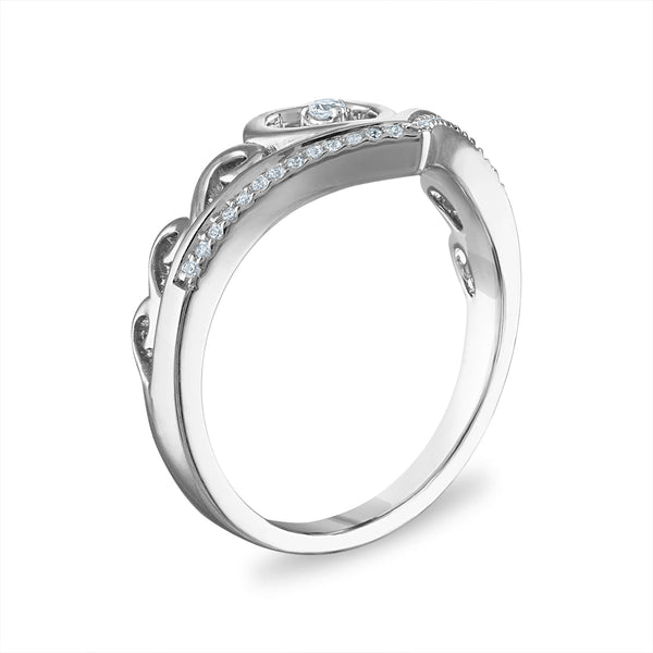 1/10 CTW Diamond Heart Tiara Crown Ring in Rhodium Plated Sterling Silver