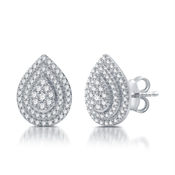 1-1/2 CTW Diamond Halo Pear Shape Ring Pendant Earrings Set in Rhodium Plated Sterling Silver