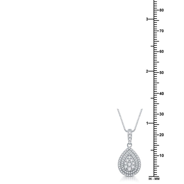 1-1/2 CTW Diamond Halo Pear Shape Ring Pendant Earrings Set in Rhodium Plated Sterling Silver