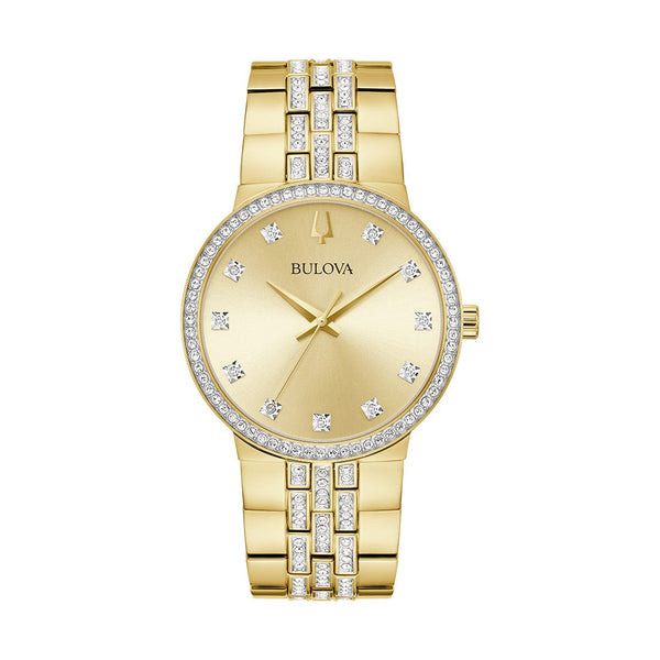 Bulova Crystal Accent Goldtone Watch with 40MM Dial and Cross Pendant Box Set. 98K113